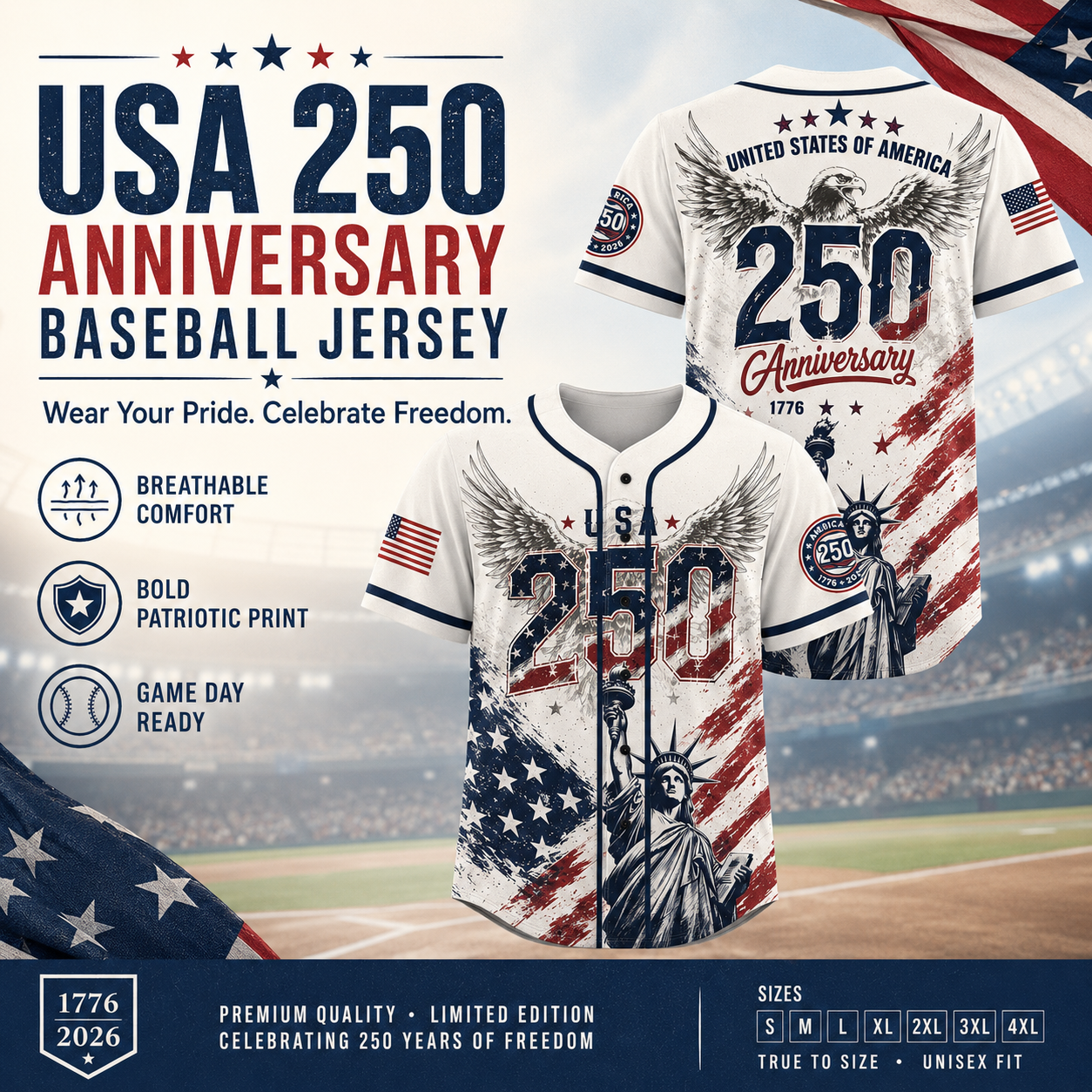 USA 250 Years Anniversary Baseball Jersey Shirt, Patriotic Liberty 1776-2026 4th of July Shirt 685168