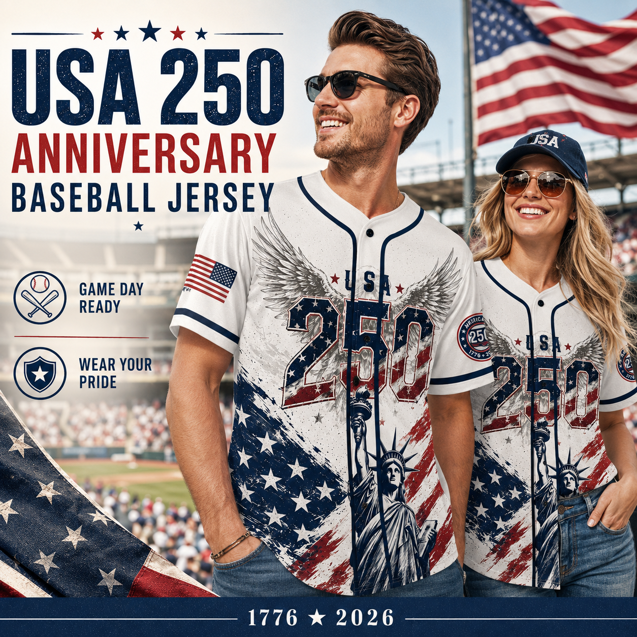 USA 250 Years Anniversary Baseball Jersey Shirt, Patriotic Liberty 1776-2026 4th of July Shirt 685168