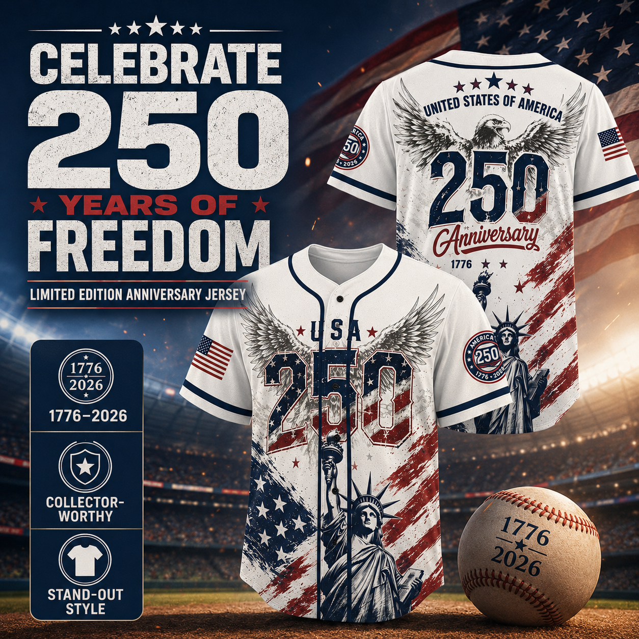 USA 250 Years Anniversary Baseball Jersey Shirt, Patriotic Liberty 1776-2026 4th of July Shirt 685168