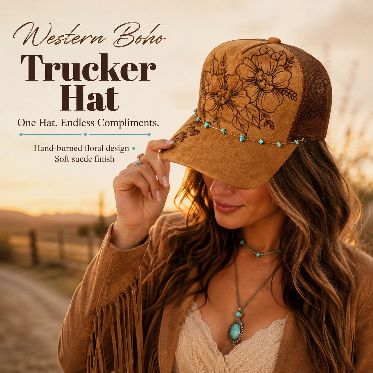 Flower Patch Burned Suede Trucker Hat with Dainty Turquoise Stone Chain