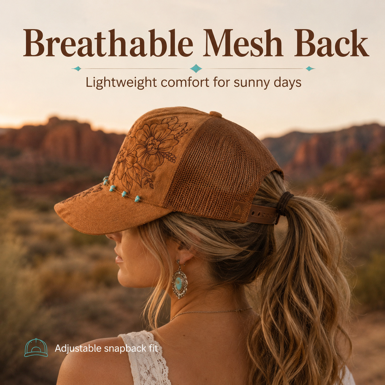 Flower Patch Burned Suede Trucker Hat with Dainty Turquoise Stone Chain
