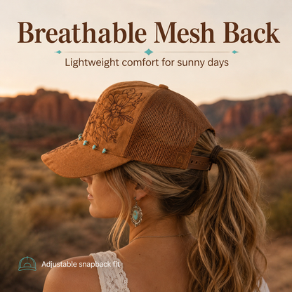 Flower Patch Burned Suede Trucker Hat with Dainty Turquoise Stone Chain