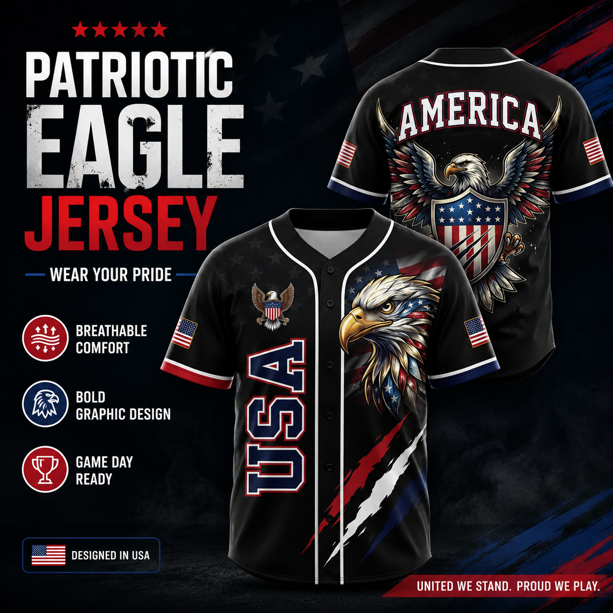 🦅 Patriotic USA All-Over Print Baseball Jersey — America 250th Semiquincentennial Edition (1776–2026) 🇺🇸