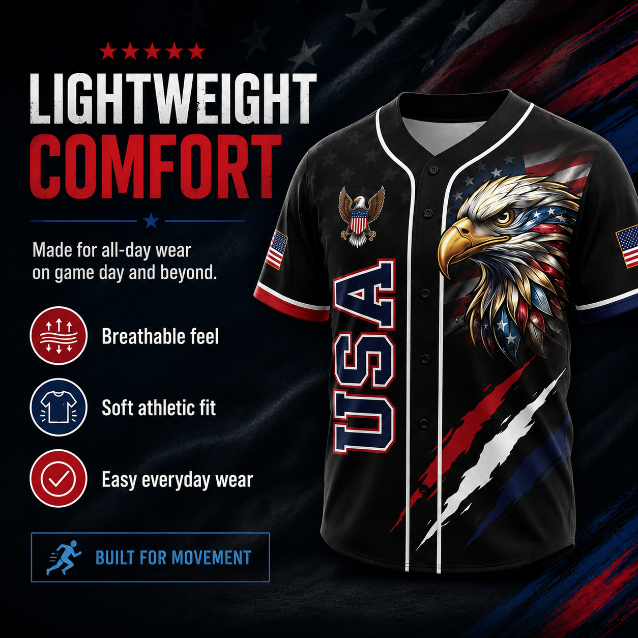 🦅 Patriotic USA All-Over Print Baseball Jersey — America 250th Semiquincentennial Edition (1776–2026) 🇺🇸