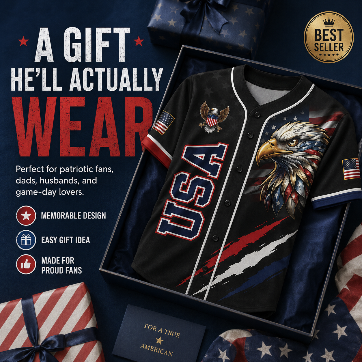 🦅 Patriotic USA All-Over Print Baseball Jersey — America 250th Semiquincentennial Edition (1776–2026) 🇺🇸