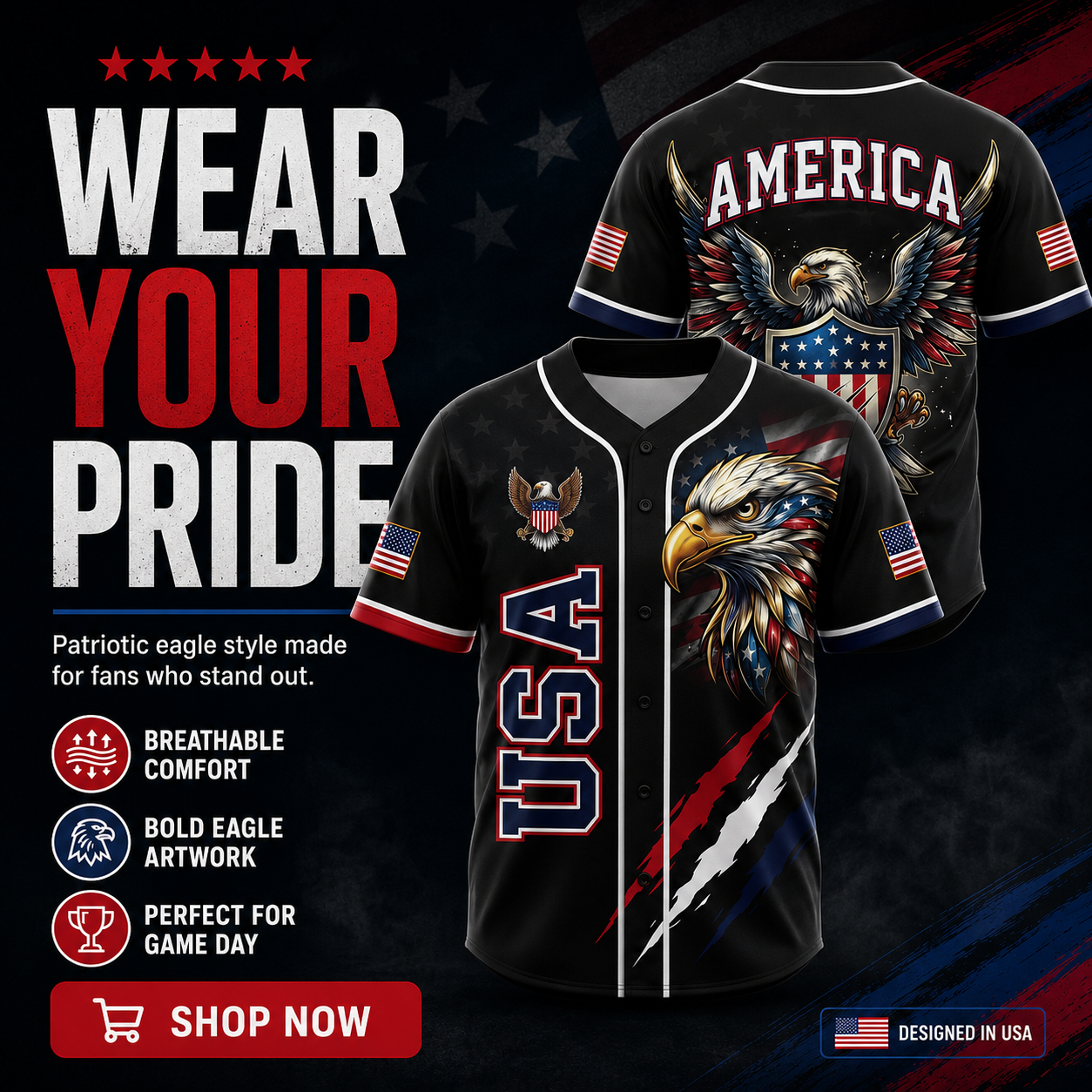 🦅 Patriotic USA All-Over Print Baseball Jersey — America 250th Semiquincentennial Edition (1776–2026) 🇺🇸