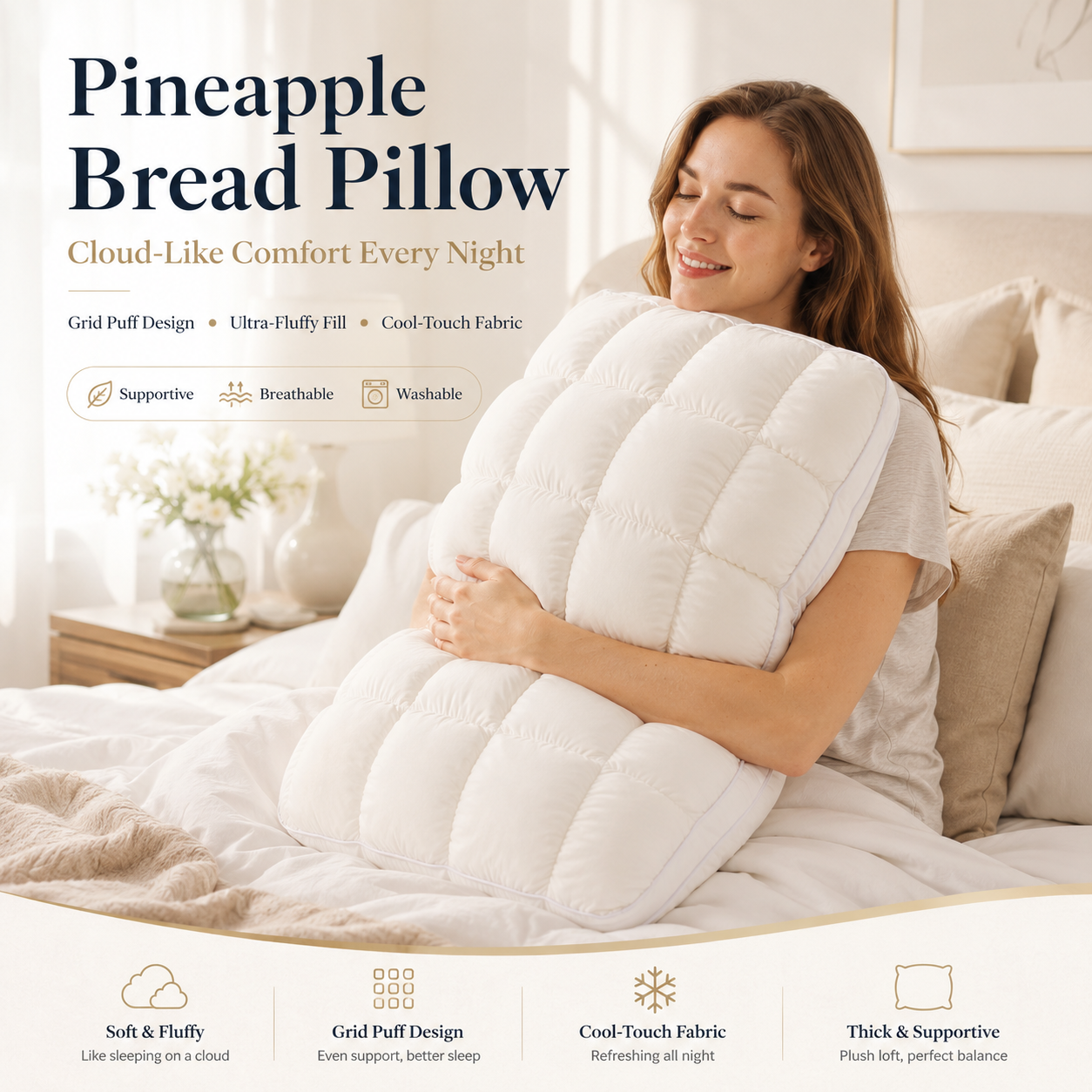 Free shipping☁️ Cloud Puff Grid Pillow – Cooling, Fluffy & No-Flat Comfort for Side & Back Sleepers 😴