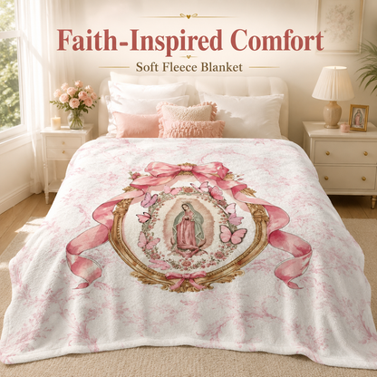 Our Lady of Guadalupe Coquette Pink Bow Fleece Blanket, Soft Christian Religious Throw Blanket, Lightweight Warm Blanket for Bed Couch