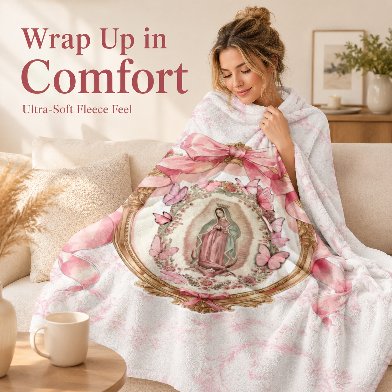 Our Lady of Guadalupe Coquette Pink Bow Fleece Blanket, Soft Christian Religious Throw Blanket, Lightweight Warm Blanket for Bed Couch