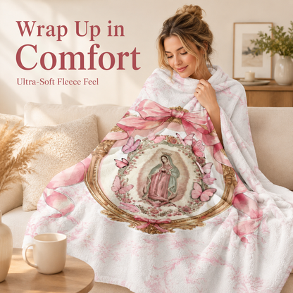Our Lady of Guadalupe Coquette Pink Bow Fleece Blanket, Soft Christian Religious Throw Blanket, Lightweight Warm Blanket for Bed Couch