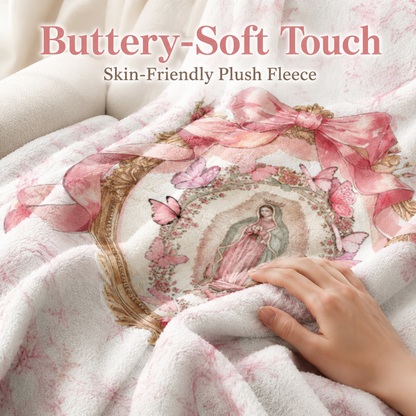 Our Lady of Guadalupe Coquette Pink Bow Fleece Blanket, Soft Christian Religious Throw Blanket, Lightweight Warm Blanket for Bed Couch