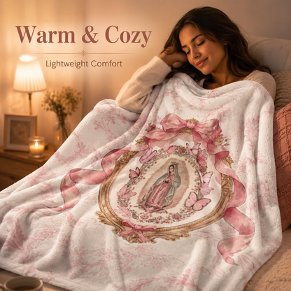 Our Lady of Guadalupe Coquette Pink Bow Fleece Blanket, Soft Christian Religious Throw Blanket, Lightweight Warm Blanket for Bed Couch