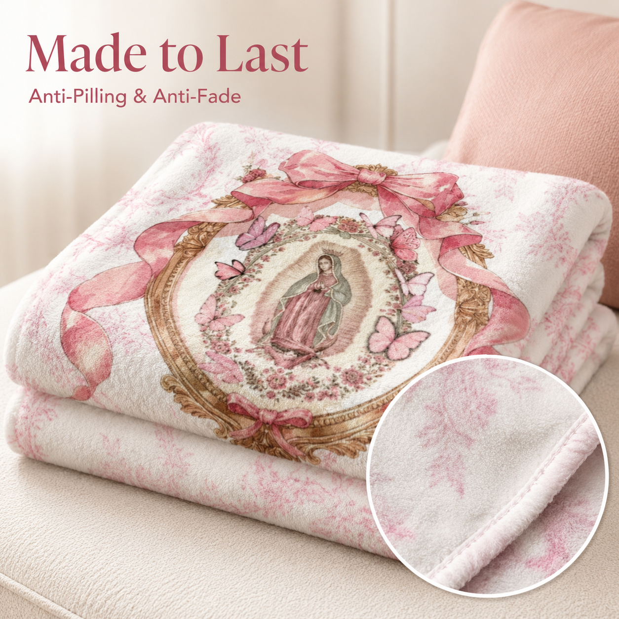 Our Lady of Guadalupe Coquette Pink Bow Fleece Blanket, Soft Christian Religious Throw Blanket, Lightweight Warm Blanket for Bed Couch