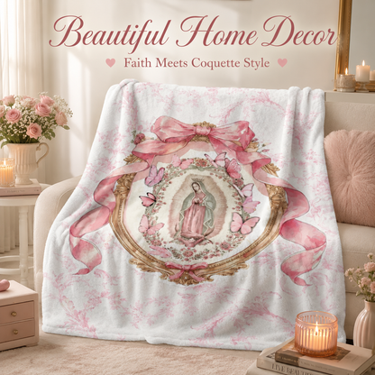 Our Lady of Guadalupe Coquette Pink Bow Fleece Blanket, Soft Christian Religious Throw Blanket, Lightweight Warm Blanket for Bed Couch