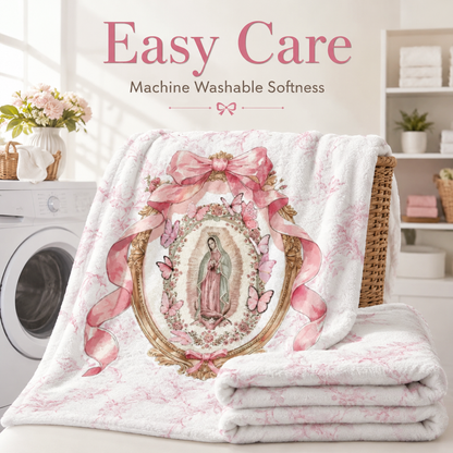 Our Lady of Guadalupe Coquette Pink Bow Fleece Blanket, Soft Christian Religious Throw Blanket, Lightweight Warm Blanket for Bed Couch