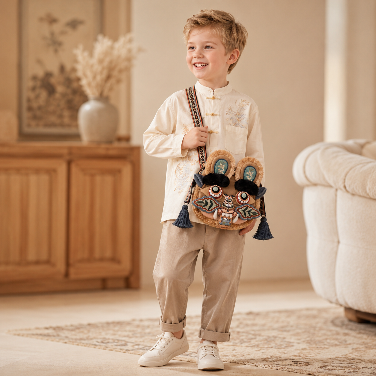 Embroidered Tiger Head Crossbody Bag for Kids