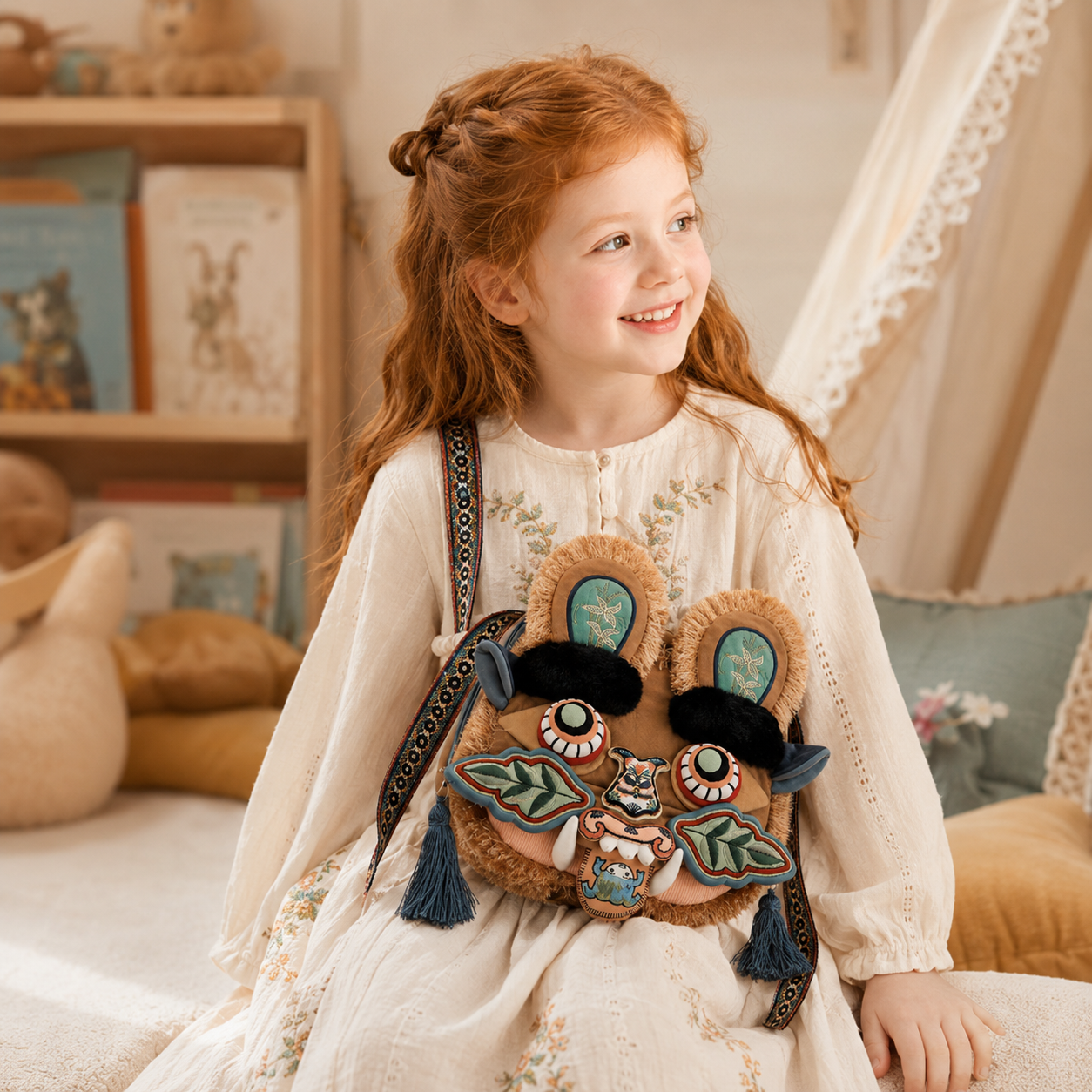 Embroidered Tiger Head Crossbody Bag for Kids