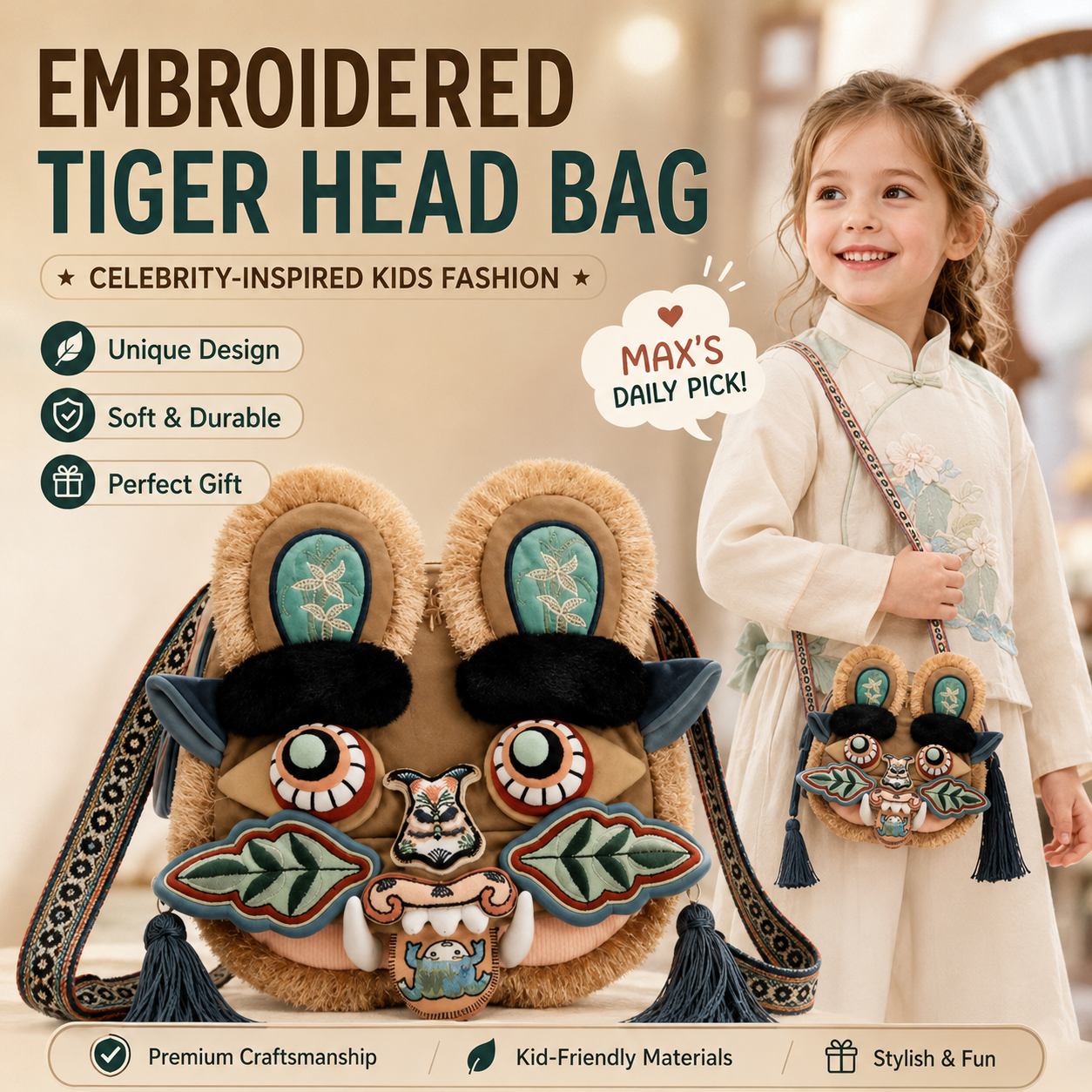 Embroidered Tiger Head Crossbody Bag for Kids