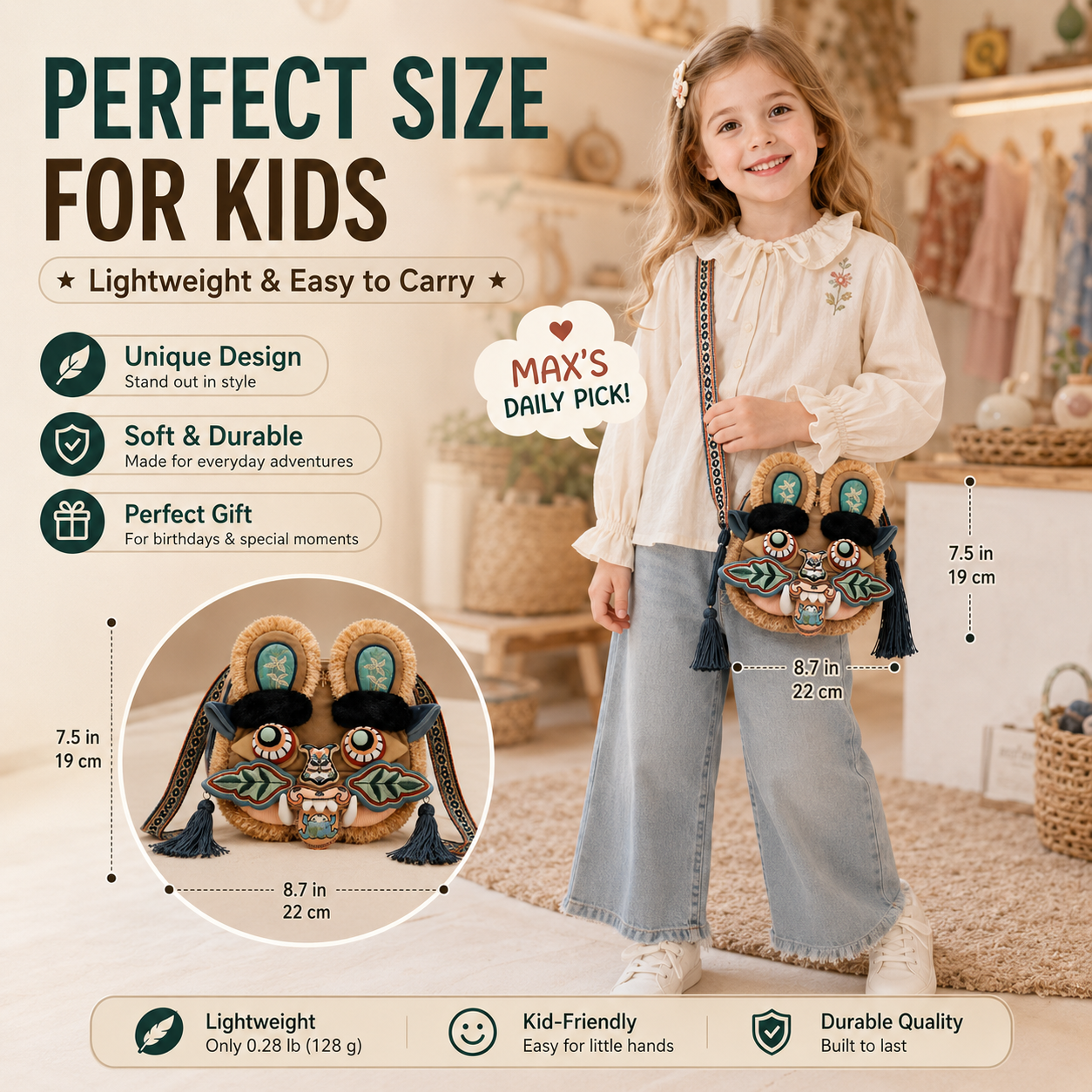 Embroidered Tiger Head Crossbody Bag for Kids