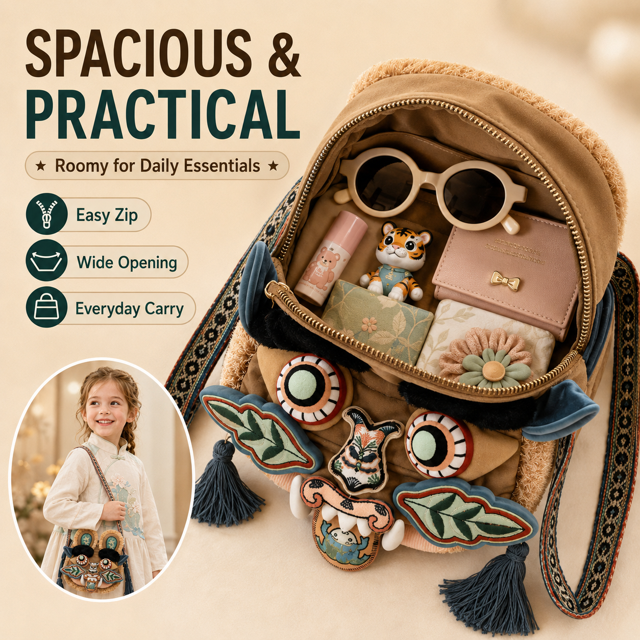 Embroidered Tiger Head Crossbody Bag for Kids