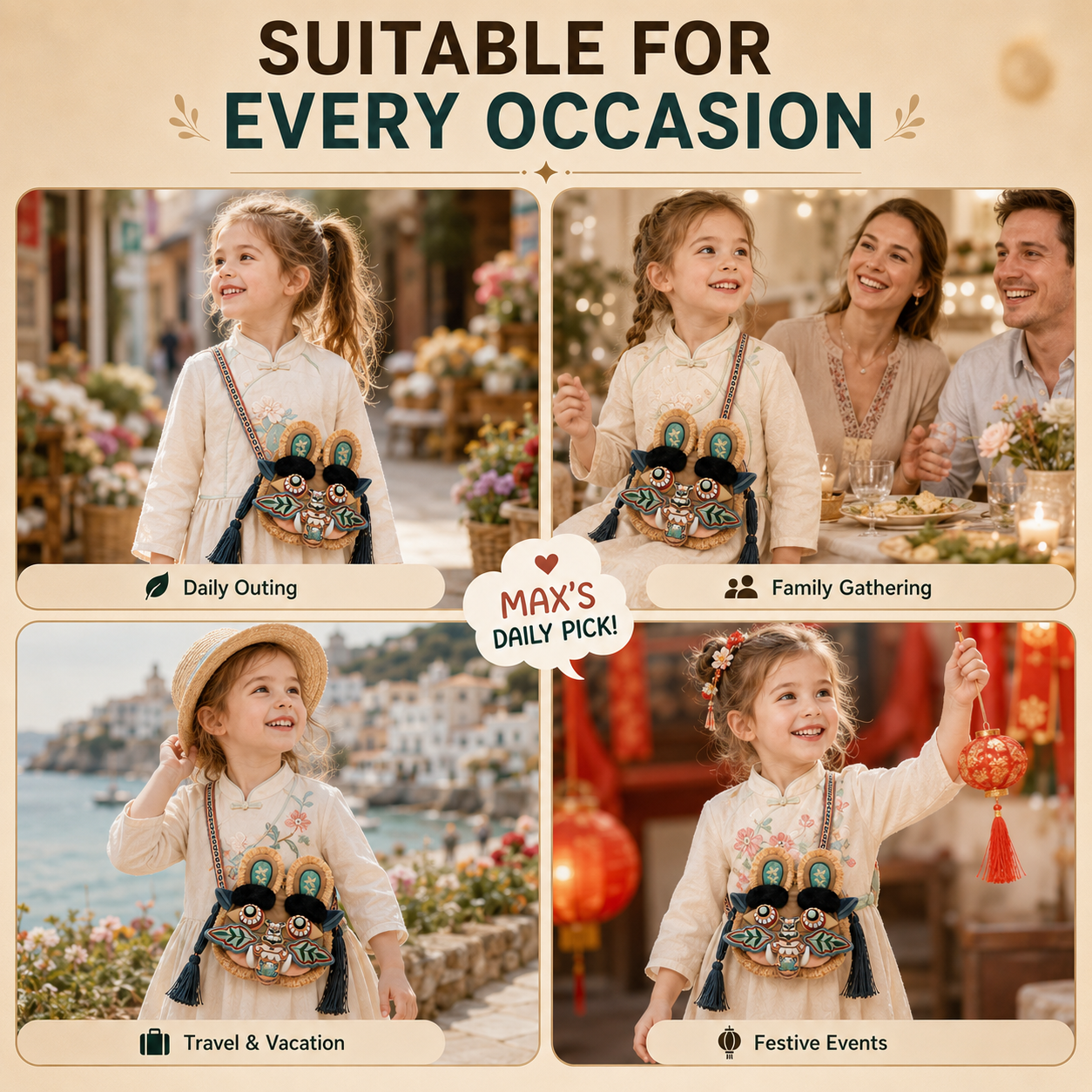 Embroidered Tiger Head Crossbody Bag for Kids