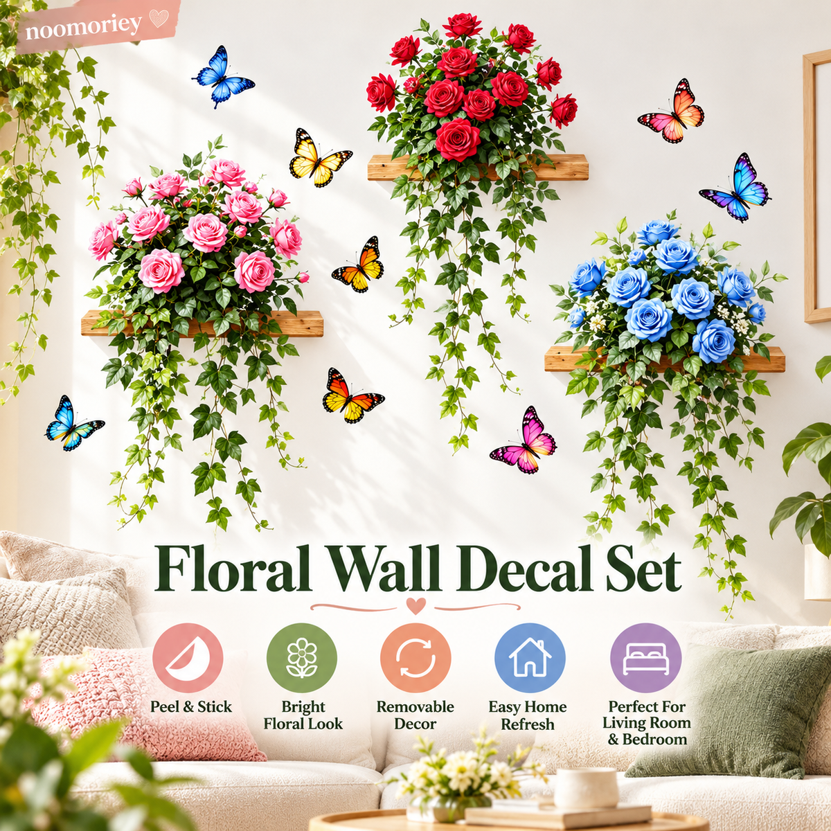 3D Rose Vine Wall Decals – Self-Adhesive Floral Wall Stickers for Bedroom & Living Room Decor