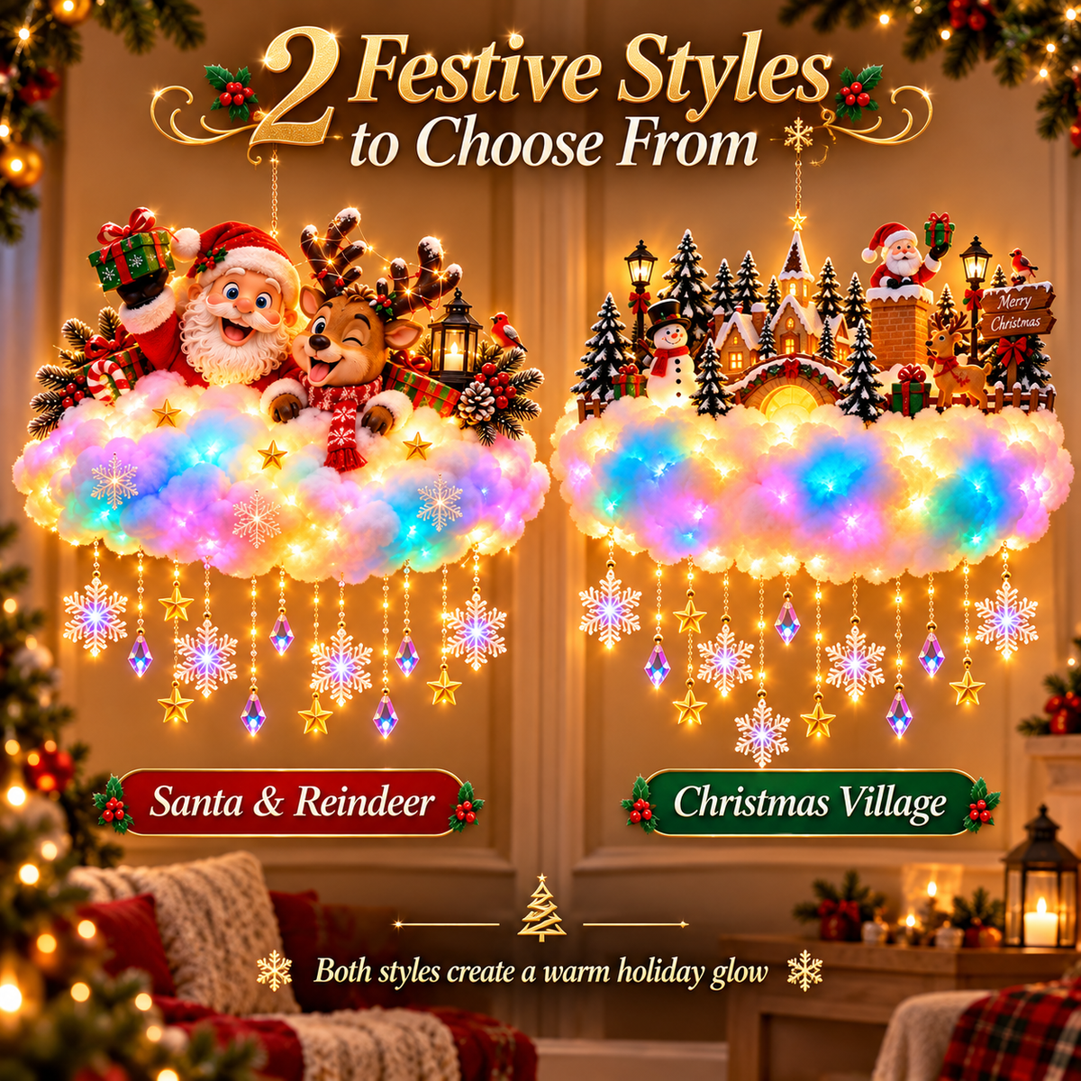 🎄 Light-Up Christmas Cloud Hanging Decor – Santa & Winter Village Holiday Display