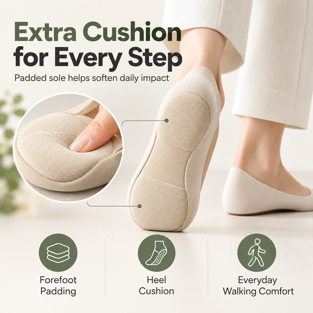 🧦 Cushioned No-Show Socks with Padded Support for Everyday Walking Comfort