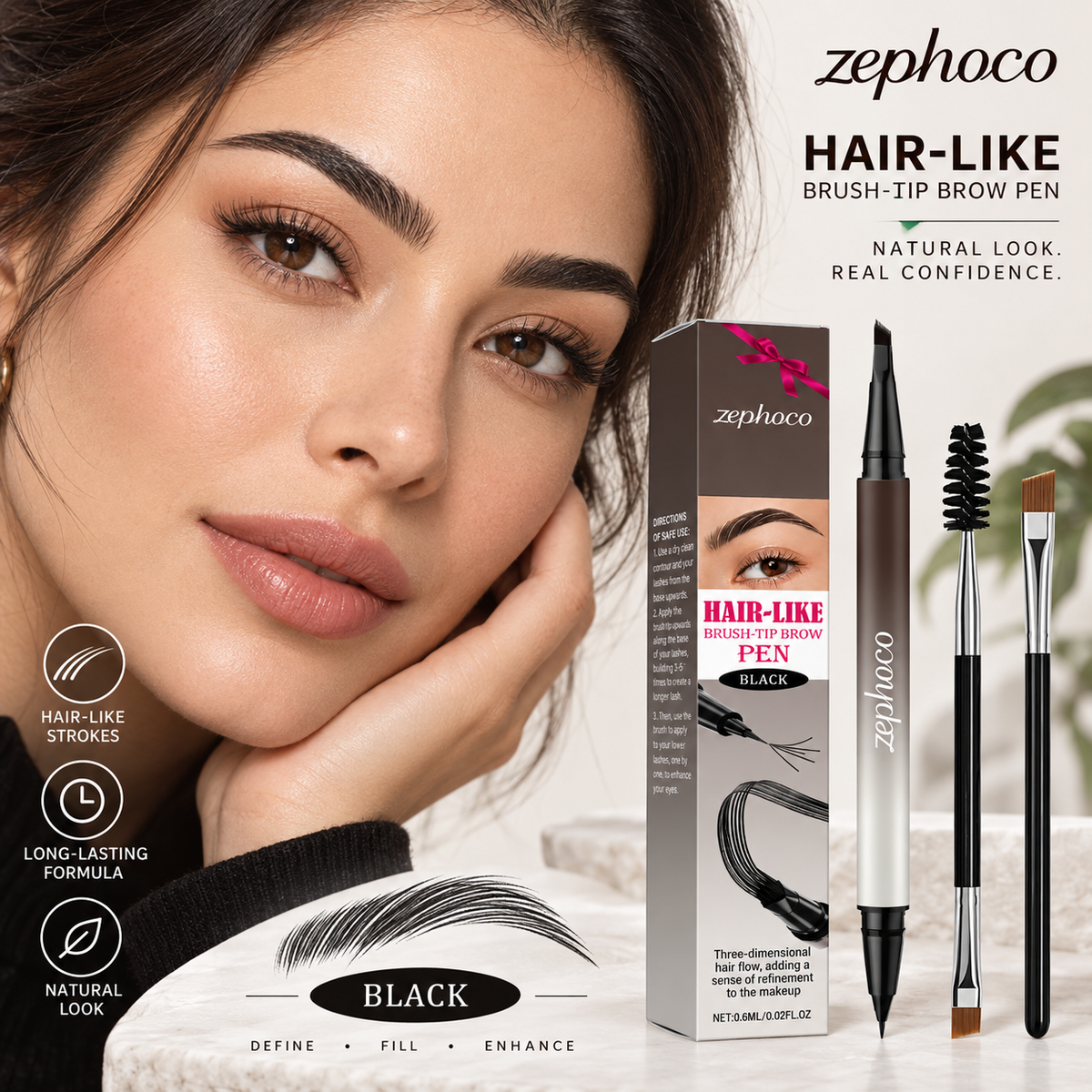 6D Hair-Like Finish Multi-Use Unisex 2-in-1 Brows & Beard Pen, Waterproof Wear, Smudge-Proof, 3ML Long-Lasting Ink for Natural Fuller Look
