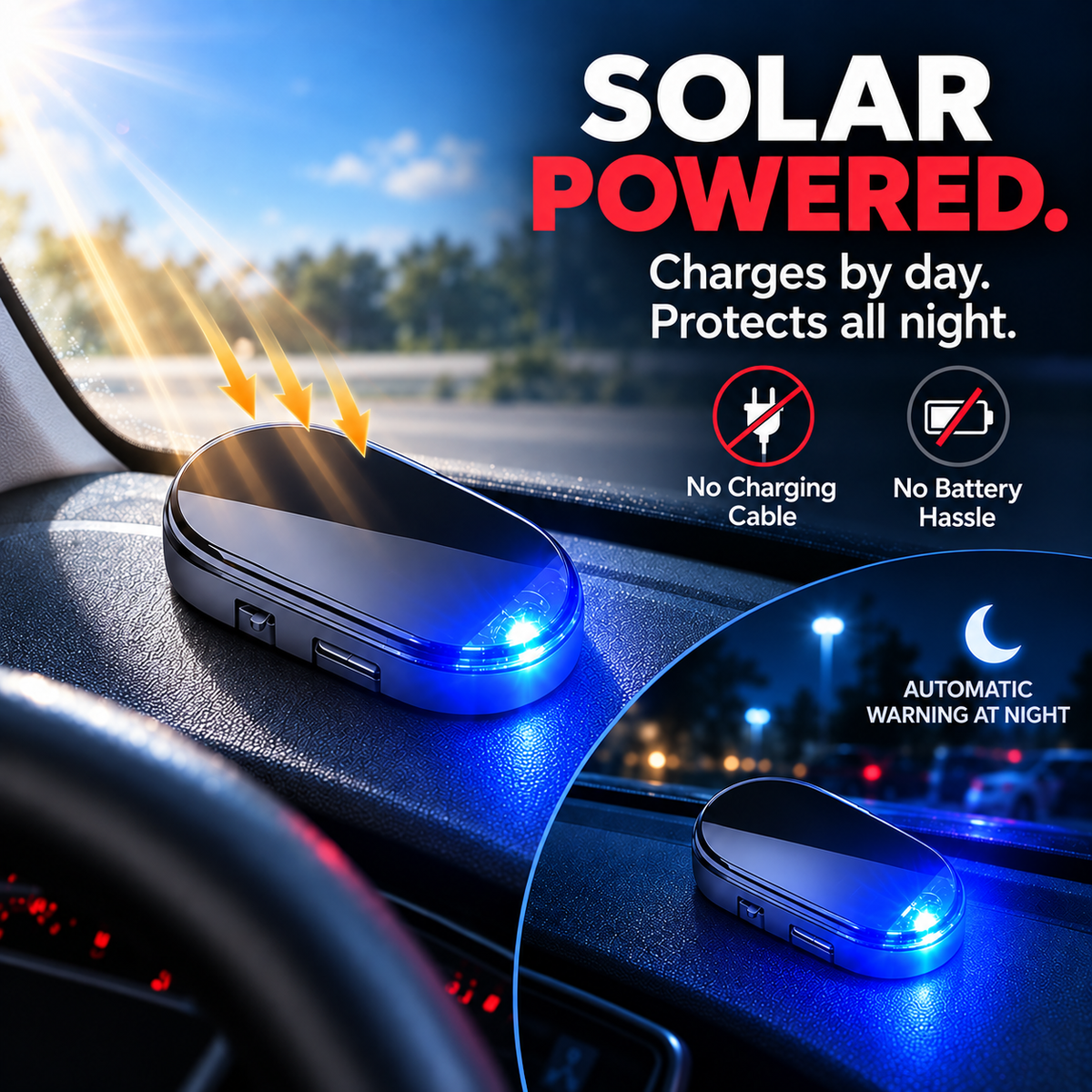 Solar-Powered Anti-Theft Car Alarm & Warning LED Light 🚨
