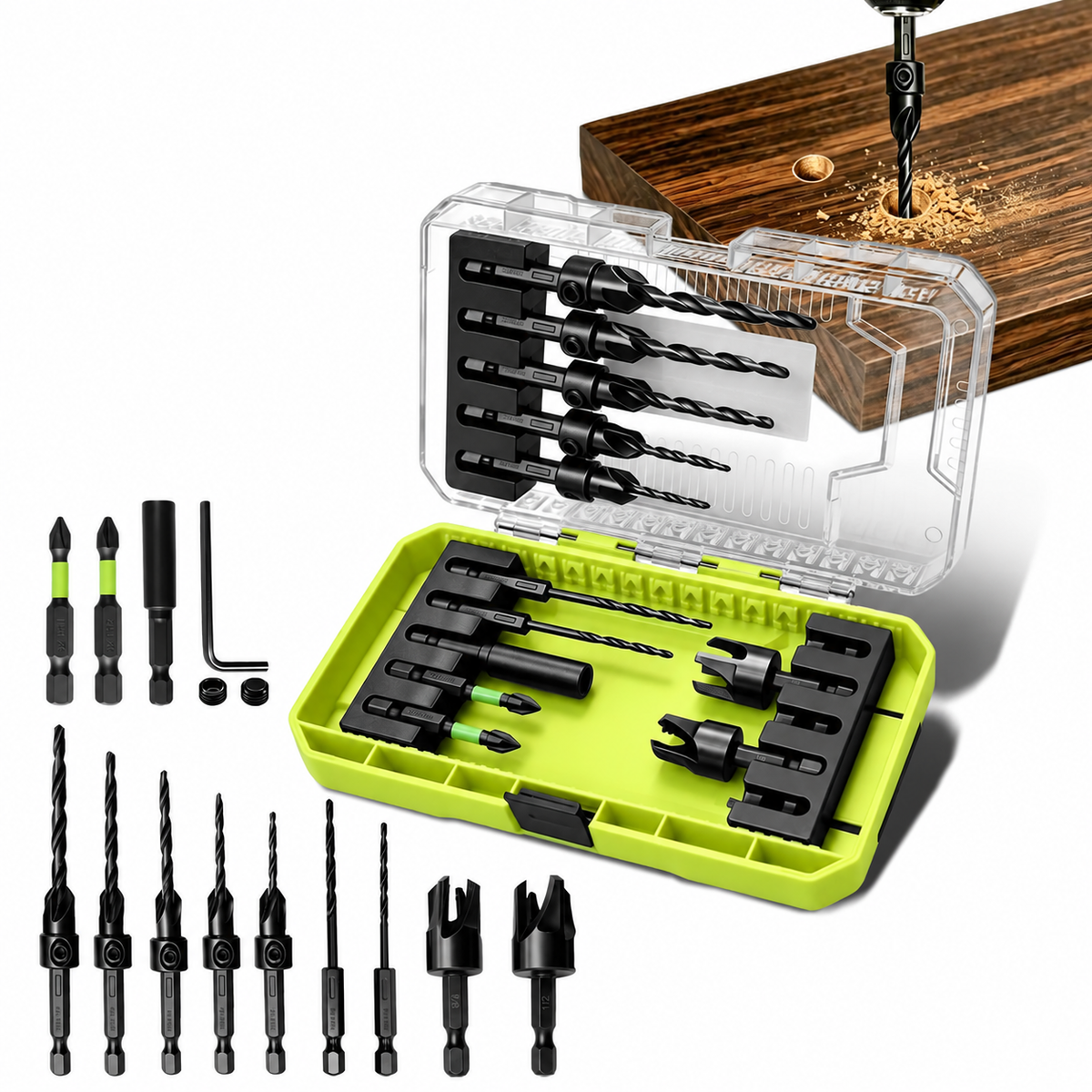 15-Piece Countersink Drill Bit Set – 1/4" Hex Shank, Depth Stop & Quick-Change Design