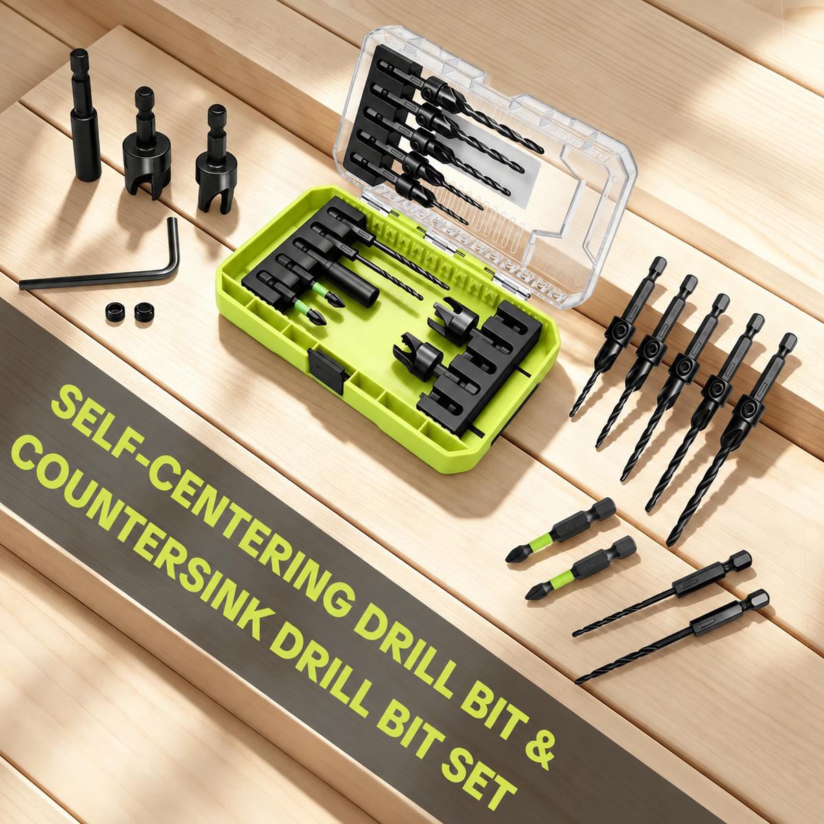 15-Piece Countersink Drill Bit Set – 1/4" Hex Shank, Depth Stop & Quick-Change Design