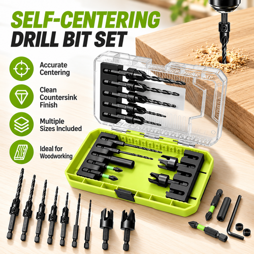 15-Piece Countersink Drill Bit Set – 1/4" Hex Shank, Depth Stop & Quick-Change Design