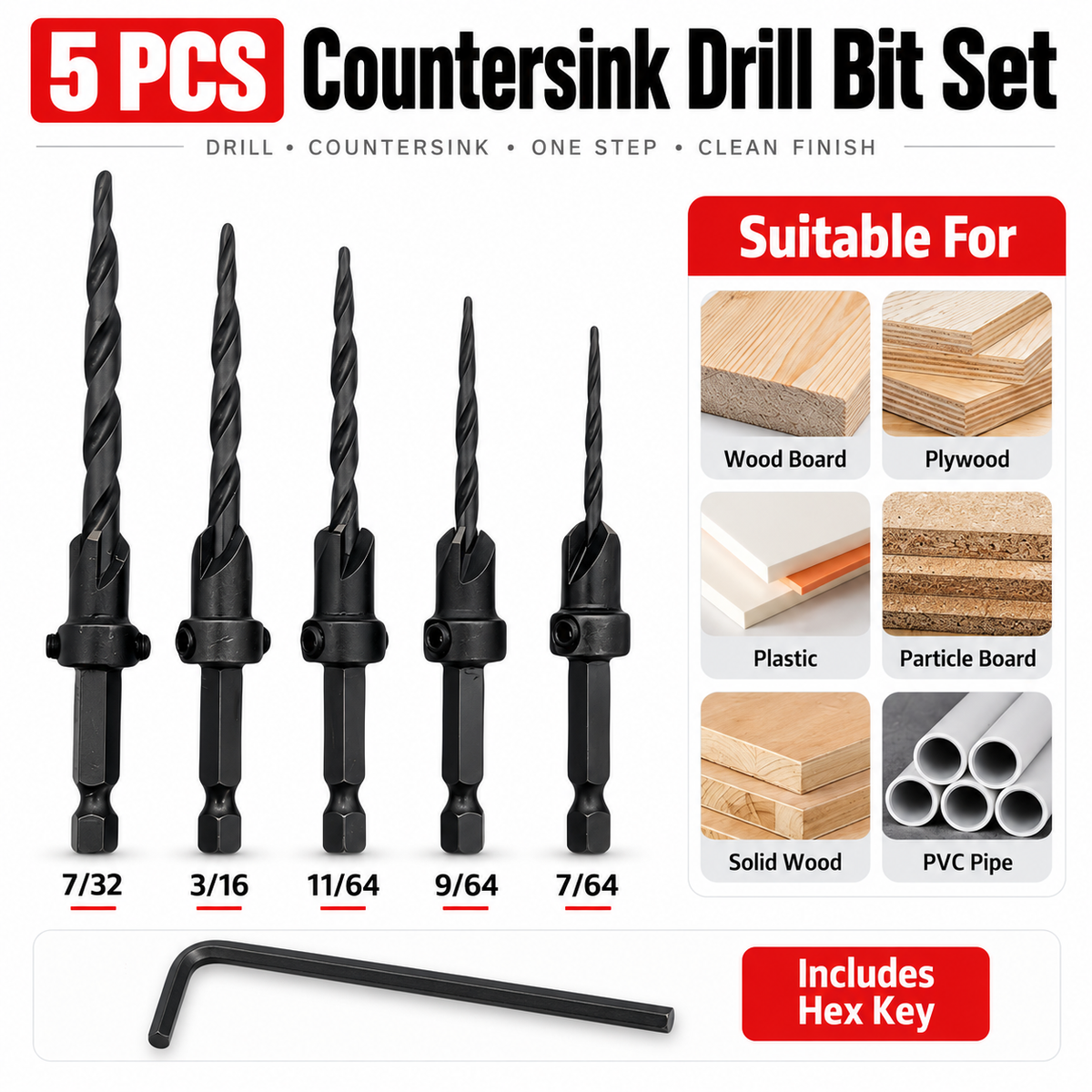 15-Piece Countersink Drill Bit Set – 1/4" Hex Shank, Depth Stop & Quick-Change Design