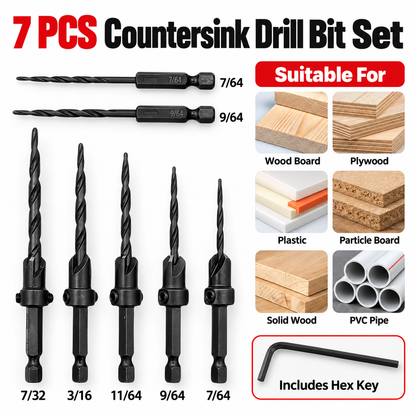 15-Piece Countersink Drill Bit Set – 1/4" Hex Shank, Depth Stop & Quick-Change Design