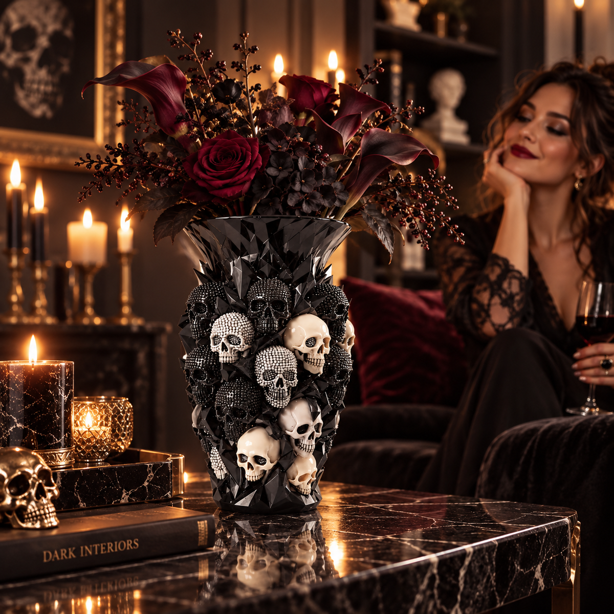 💎💀Gothic Skull & Crow Resin Vase- Halloween Dark Decor Vase
