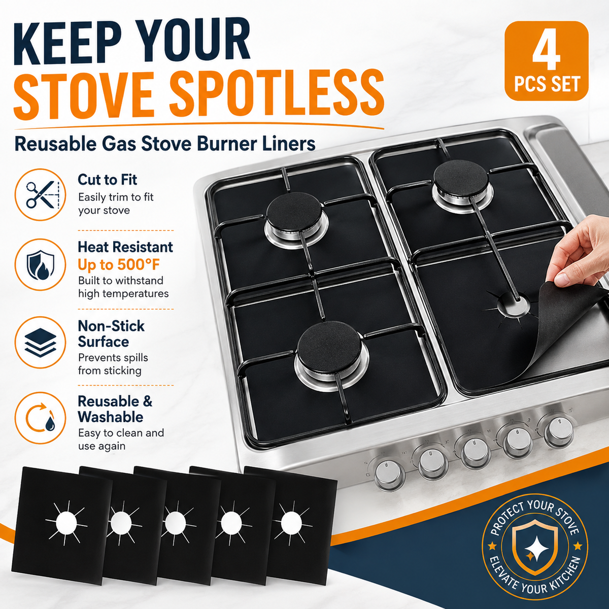 ♻️ Reusable Gas Stove Burner Liners – Cut-to-Fit Stove Protector Mats