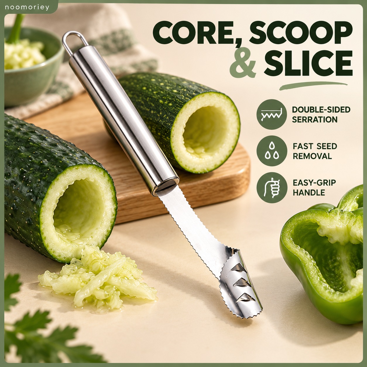 Stainless steel seed remover and pit tool, labor-saving fast seed removal cutting tool, easy-to-clean chili slicer and kitchen utensil for fruits, suitable for home cooking preparation