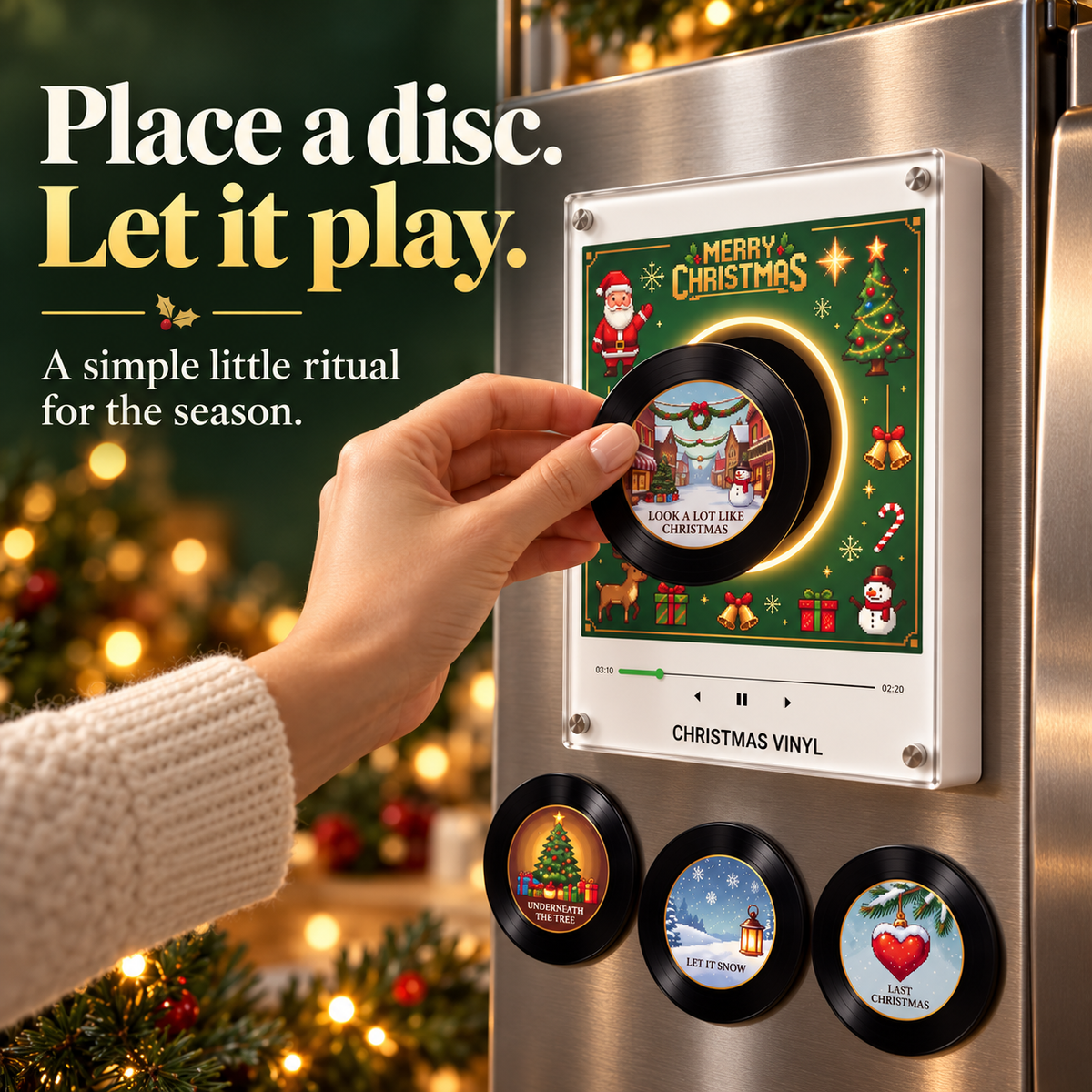🎄 Christmas Mini Vinyl Music Player – Magnetic Fridge Frame with 9 Records
