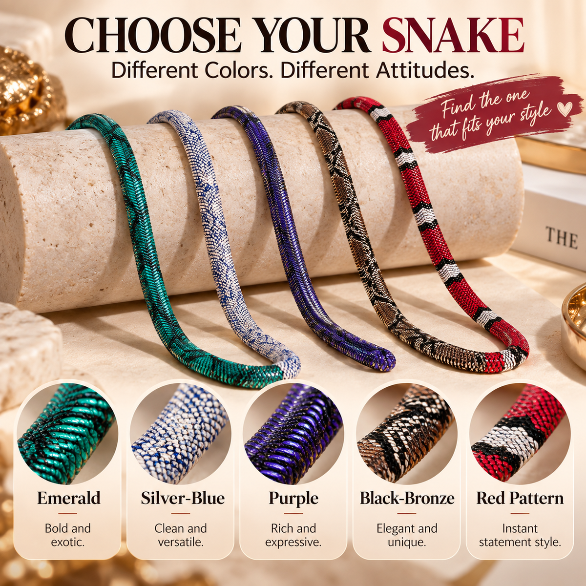 🐍 Realistic Snake-Inspired Necklace – Flexible Woven Statement Choker with Adjustable Fit