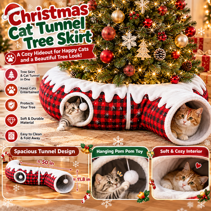 🎄🐾 Christmas Cat Tunnel & Tree Skirt – 3-in-1 Cozy Plaid Hideaway with Hanging Pom-Pom Toy ❄️