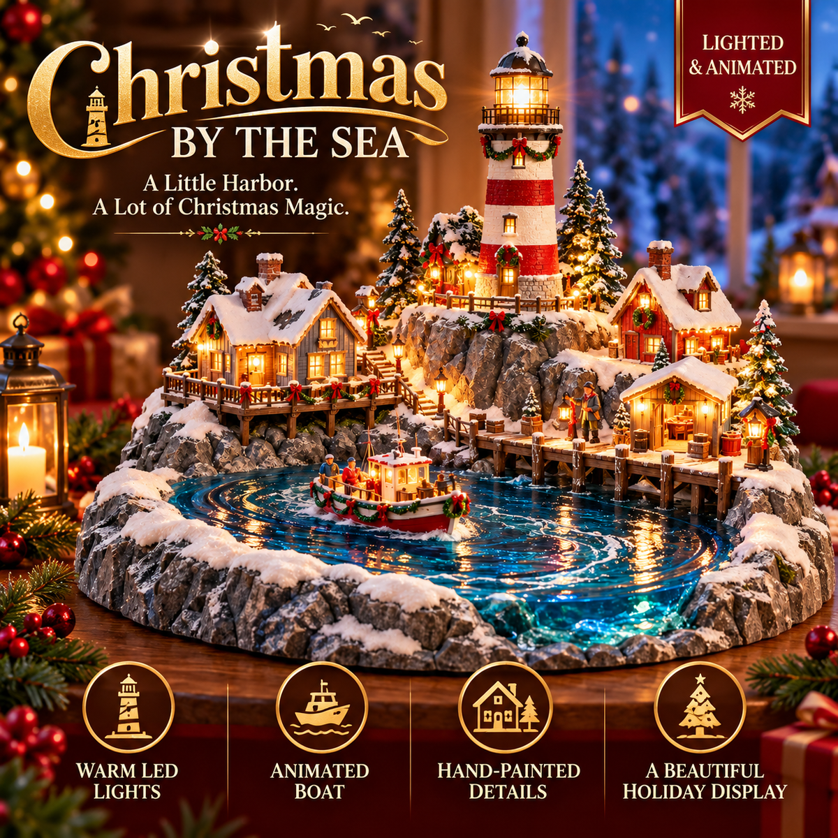🎄⚓ Christmas Lighthouse Homecoming Village – Lighted Coastal Holiday Scene