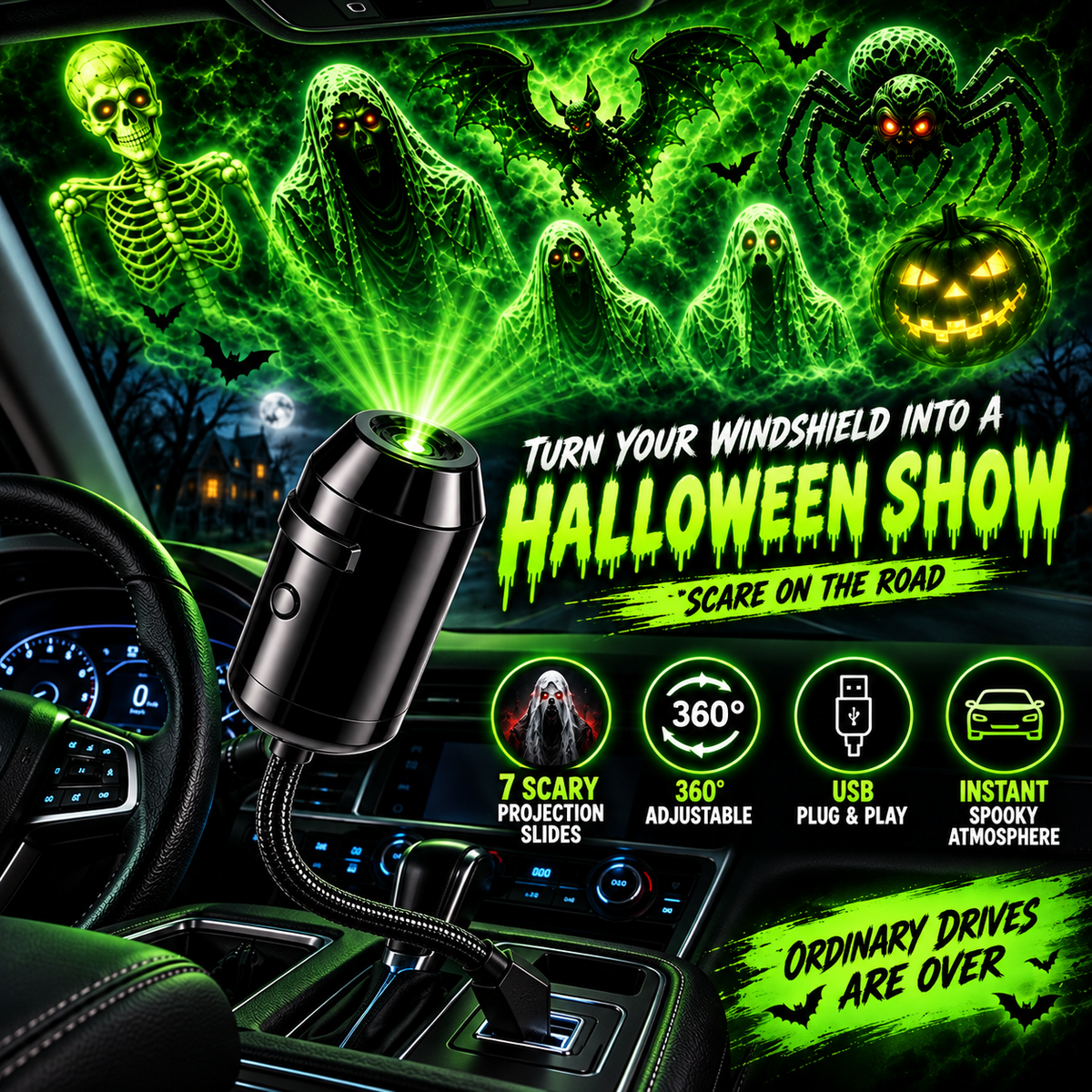👻🚗Halloween USB Ghost Projector – 7 Spooky Slides & 360° Adjustable Light