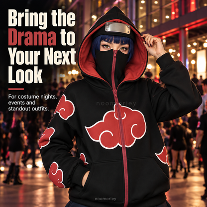 Anime Ninja Red Cloud Full-Zip Hoodie with Face Cover, Black Gothic Streetwear Jacket