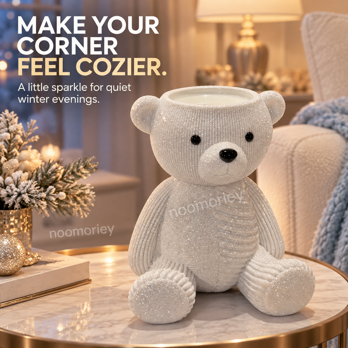 Glittery Teddy Bear Candle Holder, Cute Winter Christmas Decor