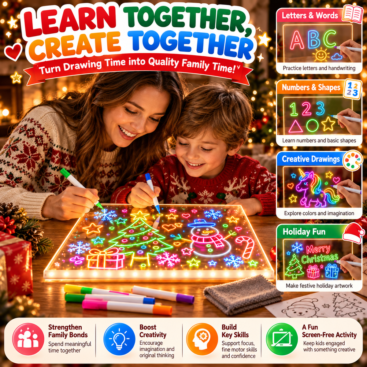 🎨 LED Light-Up Drawing Board for Kids – Reusable Glow Art Kit