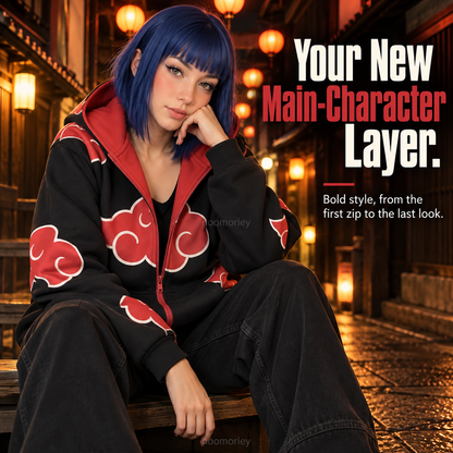 Anime Ninja Red Cloud Full-Zip Hoodie with Face Cover, Black Gothic Streetwear Jacket