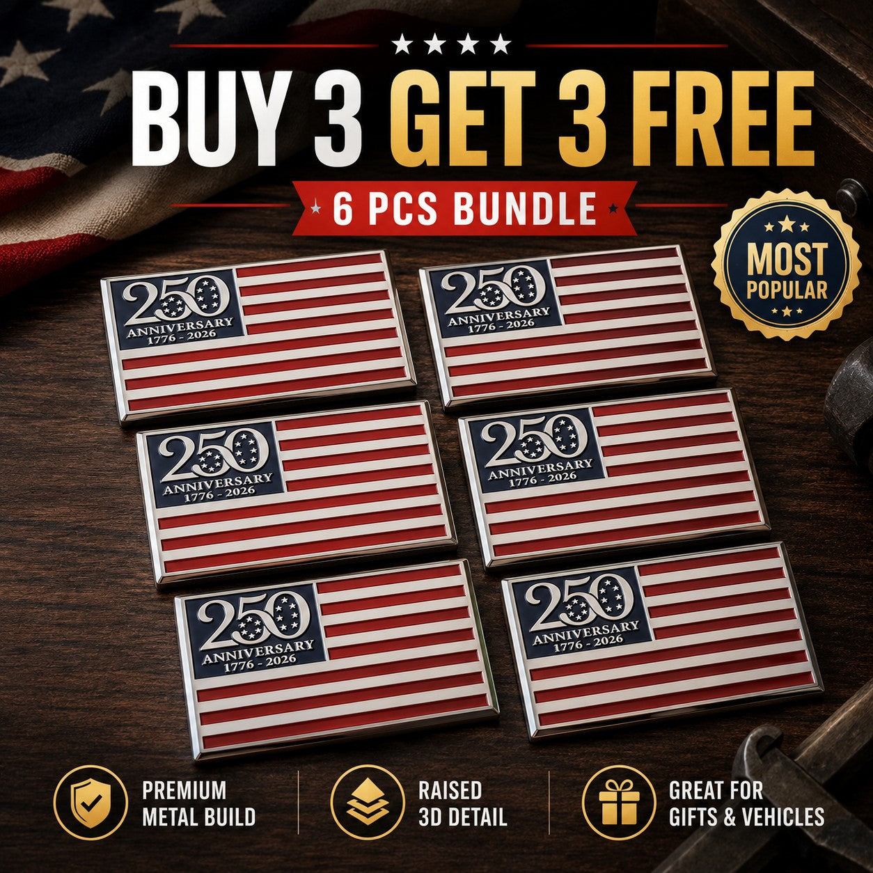 2 PCS 250th Anniversary Metal Flag Emblem★