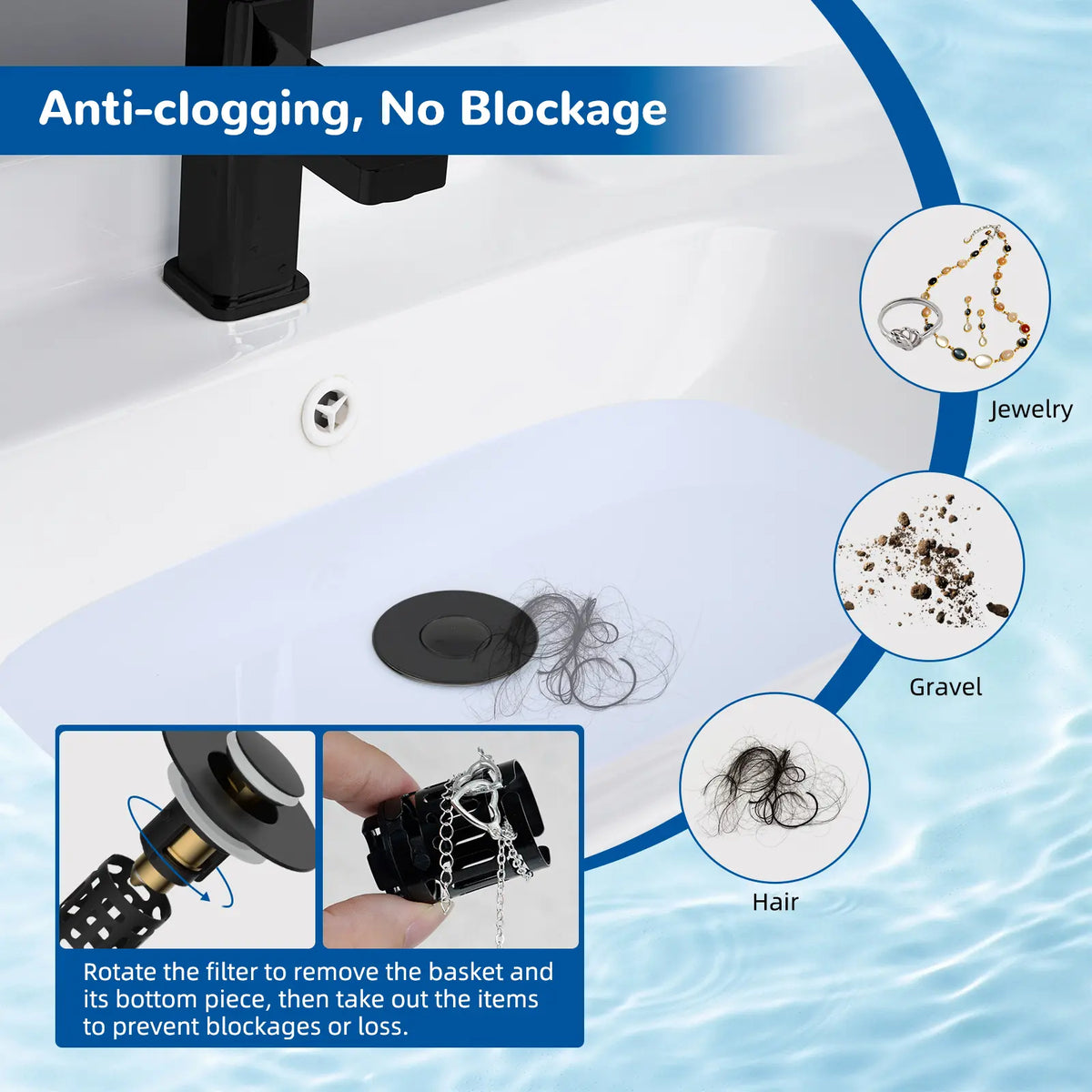 Upgraded Pop Up Sink Drain Stopper, Universal Basin Drain with Removable Hair Catcher Filter Basket