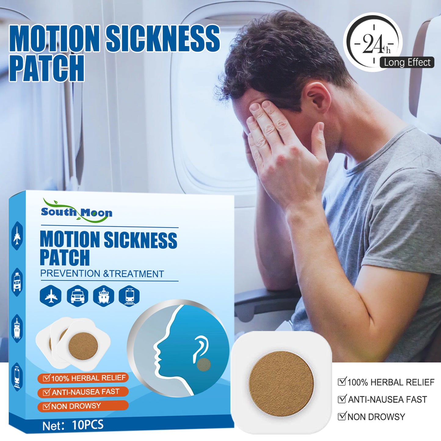 Motion Sickness Patch for Adults, Long-Lasting Relief from Nausea and Dizziness, Friendly Design for Traveling by Car, Ship and Plane
